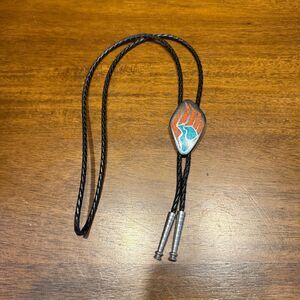 Vintage Southwest Bear Paw Bolo Tie Turquoise Coral Chip Inlay Silver Tone